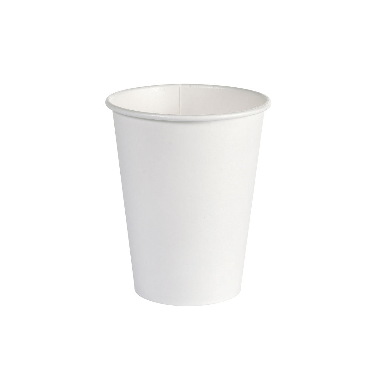 Ein weißer Kaffeebecher aus PAP/PLA (350 ml) von Duni GmbH steht aufrecht vor weißem Hintergrund - umweltfreundlicher Einwegbecher, Packung mit 50 Stück.