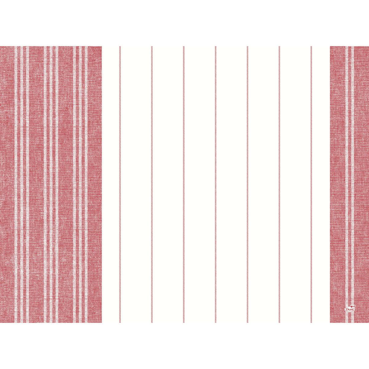 Die Dunicel-Tischsets 30 x 40 cm Handtuch rot von Duni GmbH (100er-Pack) sind eine stilvolle Wahl für Ihren Tisch mit zwei breiten roten und weißen vertikalen Bändern an den Seiten und dünnen roten Linien auf einer weißen Mitte.