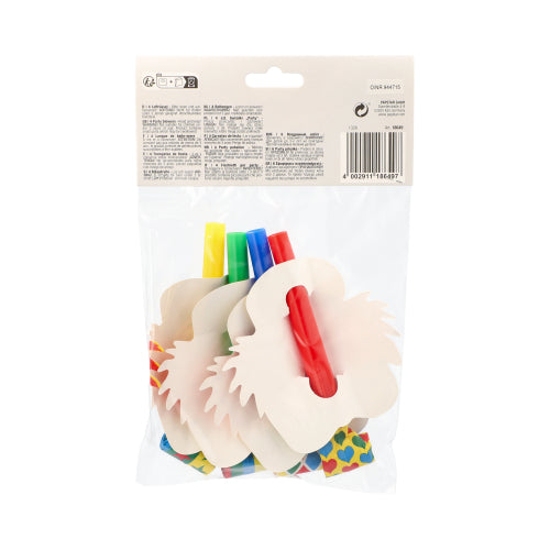 Das PAPSTAR 4er Partyrüssel-Set „Clowngesicht“ (4 Stück) beinhaltet Blanko-Maskenformen, vier farbige Stifte und Herz-Aufkleber – idealer Partyspaß. Der transparente Beutel der PAPSTAR GmbH ist oben mit einem Etikett mit Text und Barcode versehen.