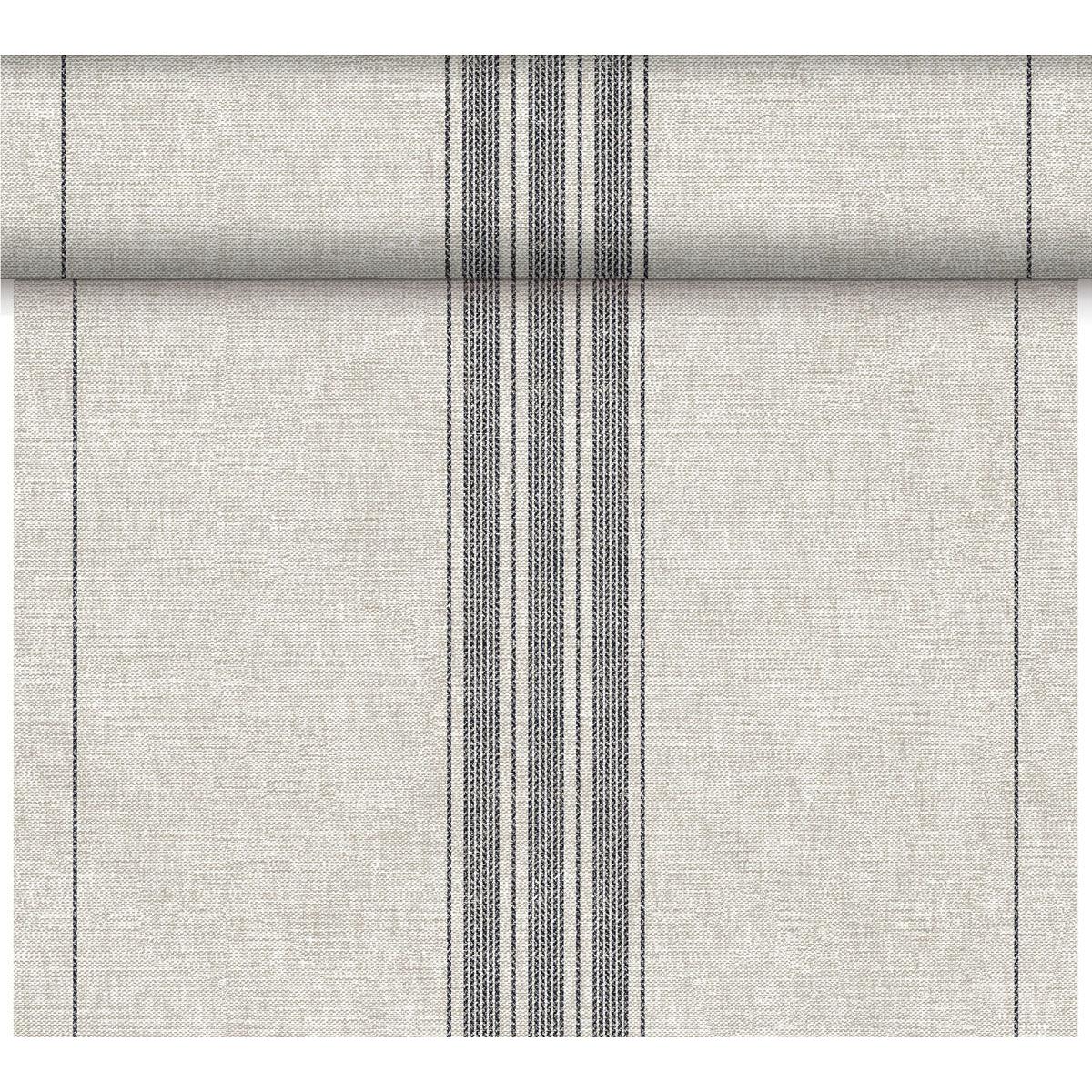 Der Dunicel-Tischläufer Tête-à-Tête der Duni GmbH (24 m x 0,4 m, 20 Teile) ist in Hellgrau mit strukturierter Oberfläche und drei schmalen schwarzen Streifen gehalten - ideal für elegante Tischdekorationen oder stilvolle Tête-à-Tête-Situationen.