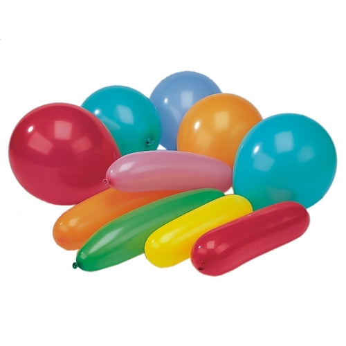 Ein Satz PAPSTAR 20 farbig sortierte Luftballons „verschiedene Formen“ von PAPSTAR GmbH – rund und lang in bunten Farben – gemeinsam arrangiert auf weißem Hintergrund.