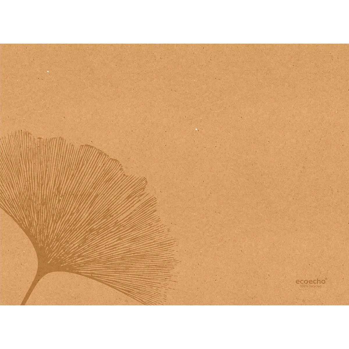 Ein hellbrauner, strukturierter Hintergrund mit einer schwachen Ginkgo-Blatt-Illustration unterstreicht die Schönheit der Duni GmbH Papier-Tischsets 30 x 40 cm Organic (Packung 250 Stück), mit "ecoecho" in kleiner Schrift in der rechten unteren Ecke.