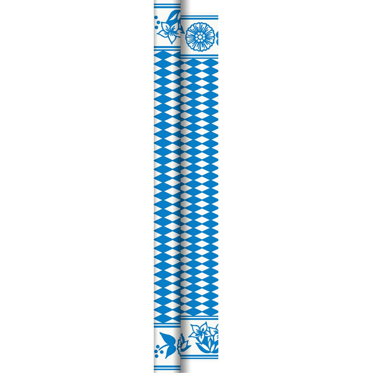 Die Dunicel-Tischdeckenrolle 1,18m x 40m "Bayer. Raute" der Duni GmbH zeichnet sich durch ein blau-weißes geometrisches Rauten- und Blumenmuster aus, das sich horizontal über die gesamte Länge dieser dekorativen Textilrolle erstreckt.