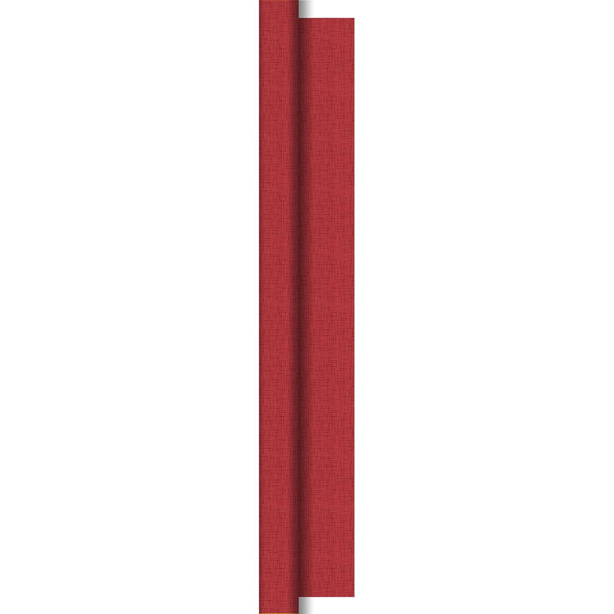Ein vertikaler Streifen strukturierter roter Dunisilk-Tischdeckenrollen 1,18 m x 25 m von Duni GmbH mit dezentem Webmuster und einem geschwungenen Falz, der auf der rechten Seite einen dünnen Silberrand erkennen lässt.