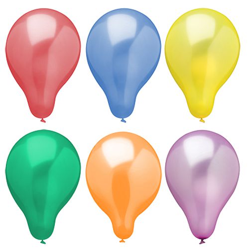 Sechs Luftballons Ø 25 cm „Metallic“ der PAPSTAR GmbH in verschiedenen Farben sind in zwei Reihen zu je drei Stück auf weißem Untergrund abgebildet, jeweils mit glänzender Oberfläche und zugebundenem Ende. Beutelinhalt 6 Stück.