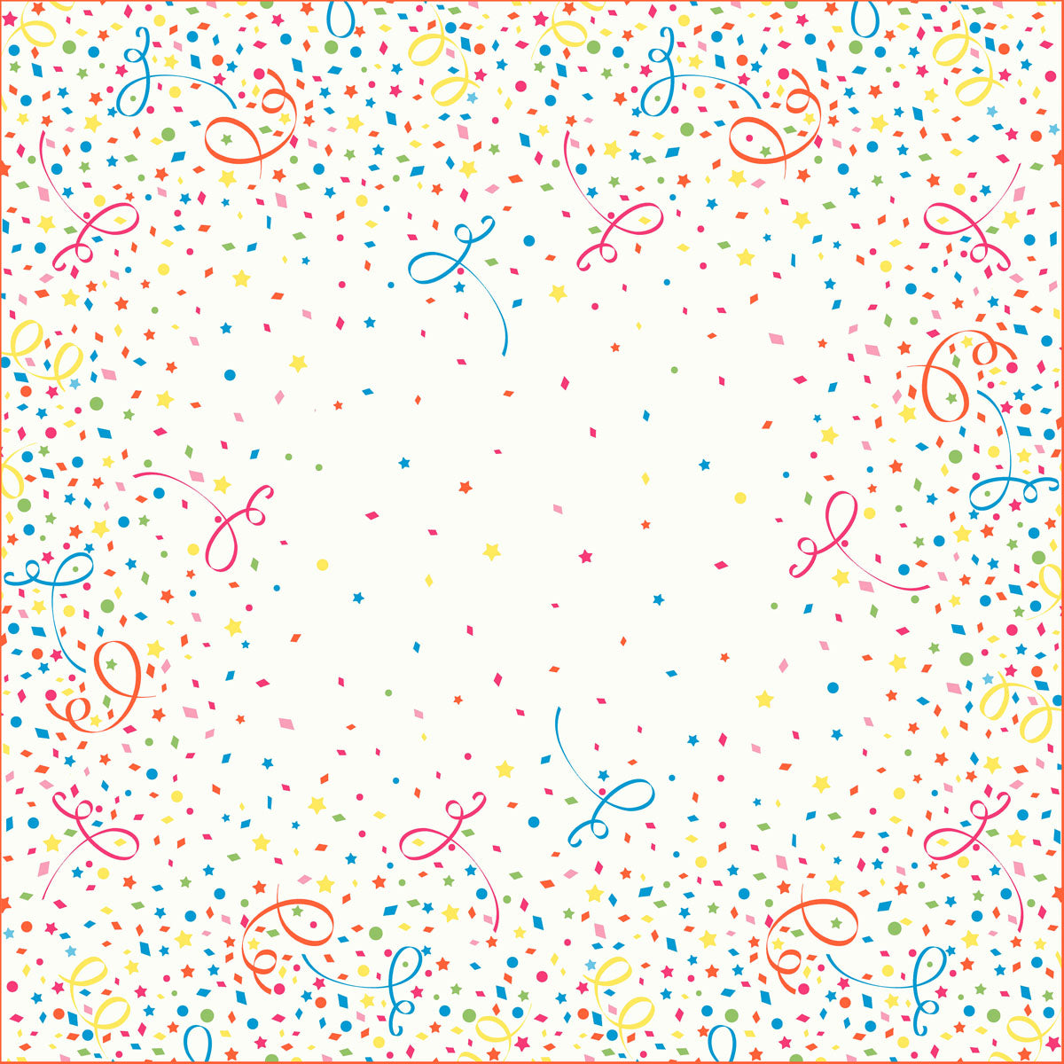 Die Dunicel-Mitteldecken 84 x 84 cm Confetti von Duni GmbH haben eine festliche quadratische Bordüre aus buntem Konfetti, Sternen und geschwungenen Linien - ideal für die Tischdekoration. Packung mit 20 Stück. Die Mitte ist frei für Ihre Botschaft. Farben: rot, blau, gelb, grün, orange.