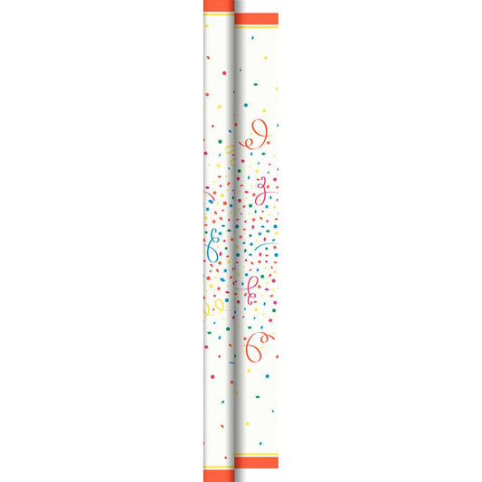 Vertikale Abbildung der Dunicel-Tischdeckenrollen 1,18m x 40 m "Confetti" von Duni GmbH mit buntem Konfetti und Luftschlangen auf weißem Grund, orangefarbenen Rändern oben und unten, sowie bunten Punkten, Sternen und Schnörkeln für einen festlichen Look.