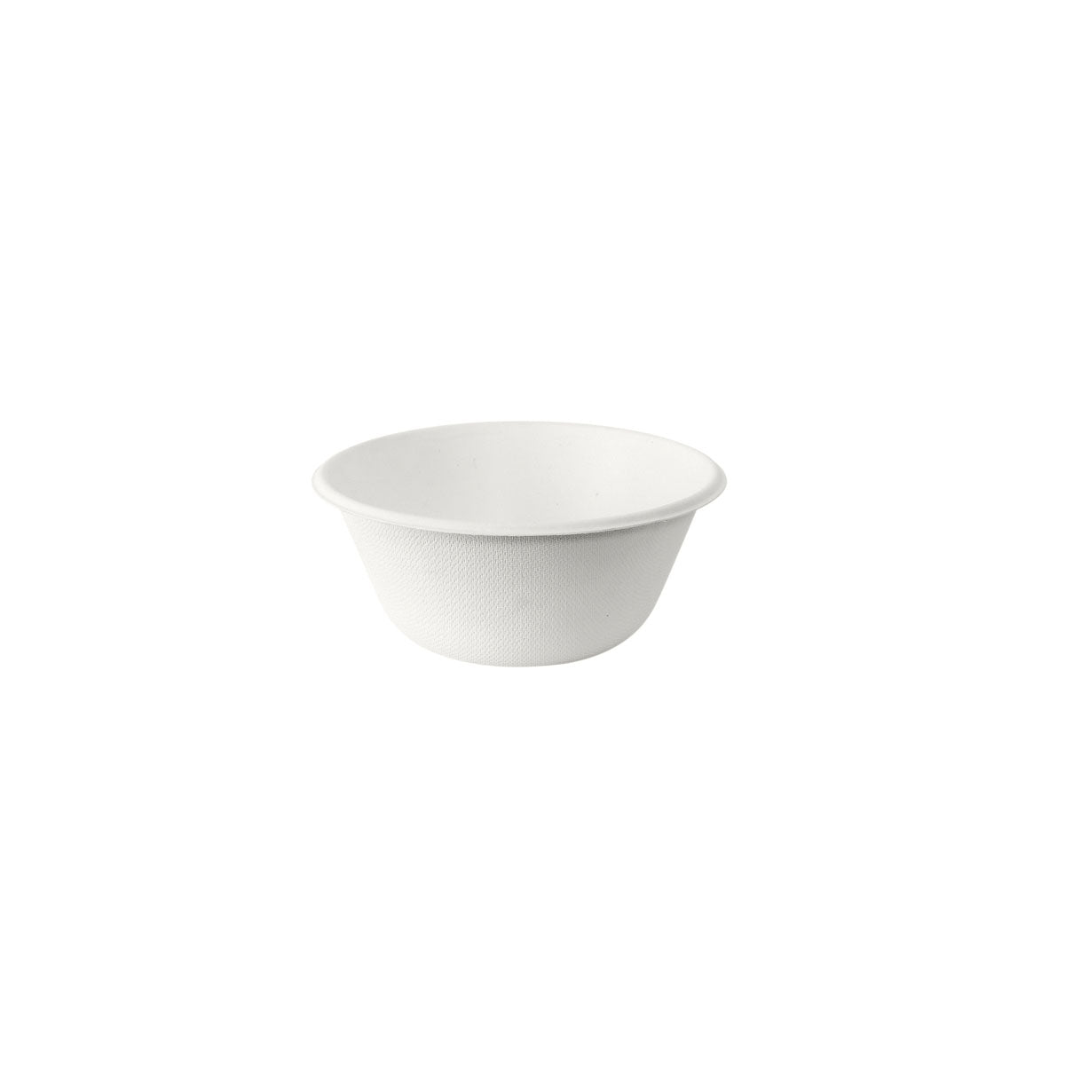 A Coppa Schale Bagasse Weiß von Duni GmbH, ein umweltfreundliches Einweggeschirr mit glattem Rand und leicht strukturierter Seite, steht mittig auf weißem Hintergrund.