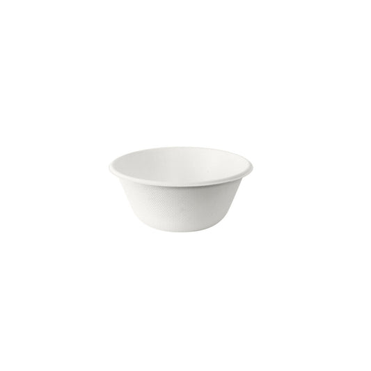 A Coppa Schale Bagasse Weiß von Duni GmbH, ein umweltfreundliches Einweggeschirr mit glattem Rand und leicht strukturierter Seite, steht mittig auf weißem Hintergrund.