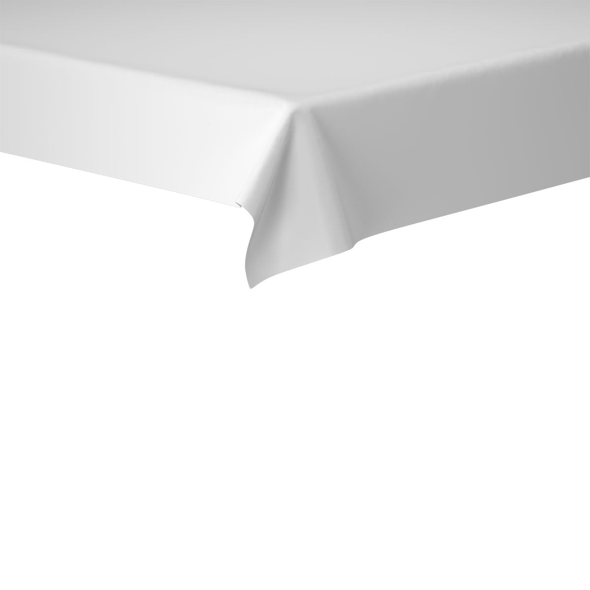 Die Nahaufnahme einer Duni GmbH Dunisilk-Tischdecke 118 x 120 cm zeigt den glatten weißen Stoff, der sauber über den Rand fällt - ideal für hochwertige Tischdekoration. Der Hintergrund ist einfarbig weiß.