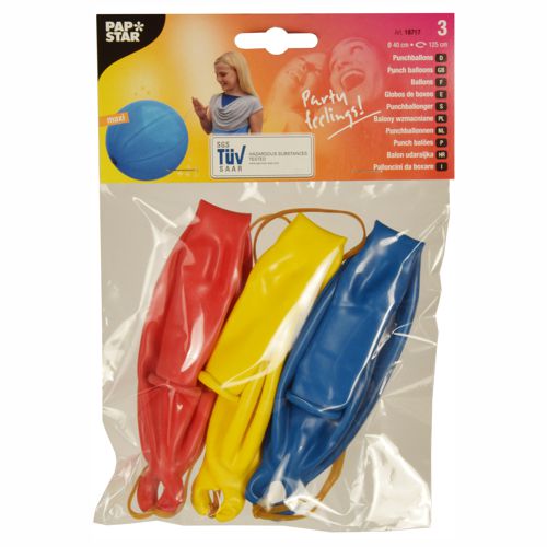 Der Beutel der PAPSTAR GmbH enthält 3 farbig sortierte Punch Ballons (Ø 40 cm), sichtbar durch ein Fenster, mit Branding und dem Bild einer Frau, die mit einem blauen Ballon spielt, auf der Verpackung.