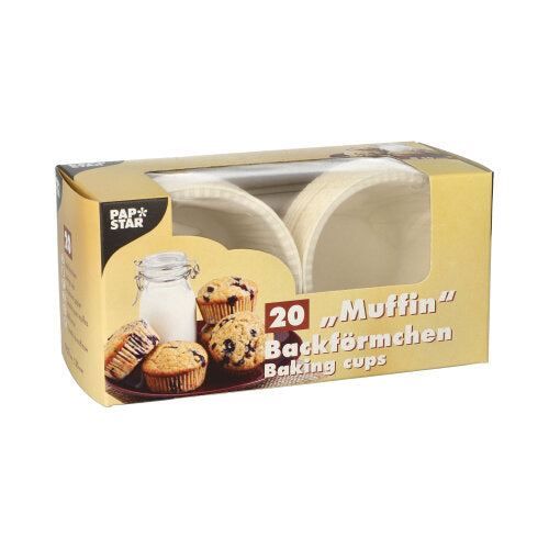 Eine Schachtel mit 20 PAPSTAR Muffin-Backförmchen (Ø 5 cm, 3,5 cm, weiß) in einer Faltschachtel – ideal für kleine Muffins und Backliebhaber. Von der PAPSTAR GmbH. Die Verpackung zeigt Muffins, Milchflasche und hat einen deutsch-englischen Text.