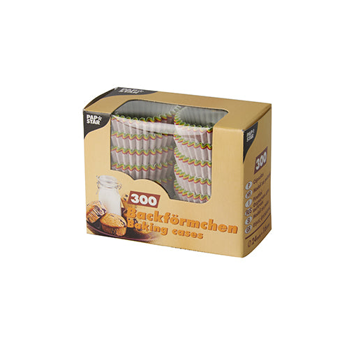 Eine beige Kartonage der PAPSTAR GmbH mit Sichtfenster präsentiert 300 bunte Backförmchen (Ø 2,4 cm) in einer Faltschachtel mit deutschen und englischen Produktdetails.