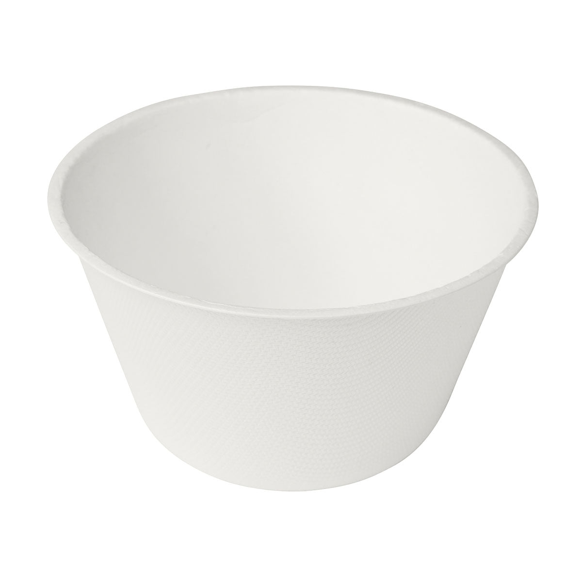 Eine runde, weiße Bagasse Schale 47 cl der Duni GmbH ist von oben leicht schräg auf weißem Hintergrund abgebildet. Der biologisch abbaubare Becher wird in einer Packung mit 35 Stück geliefert.