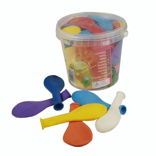 Eine PAPSTAR 100 Luftballons Ø 25 cm Wanne der PAPSTAR GmbH ist mit bunten Latexballons gefüllt, wobei vorne auf einer weißen Fläche lila, blaue, gelbe, orange und weiße Ballons abgebildet sind.