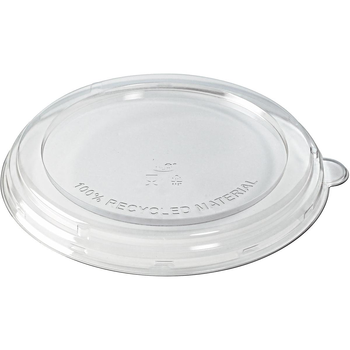 Der rPET Deckel flach 800-1200 ml von Duni GmbH ist ein transparenter, umweltfreundlicher Deckel aus 100% Recyclingmaterial mit Prägung, kleinem Tab und Recyclingsymbol in der Mitte (213x213x20 mm, Packung à 40 Stück).