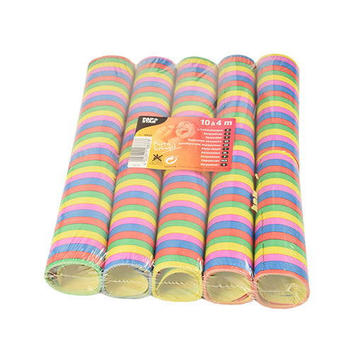 Zehn schwer entflammbare PAPSTAR Luftschlangen „Stripes“ (à 4 m) in Folienverpackung der PAPSTAR GmbH; zur Sicherheit und einfachen Identifizierung ist auf der Packung ein Produktetikett mit Barcode angebracht.