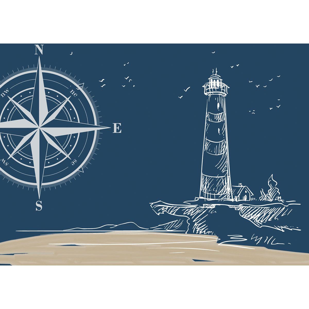 Das dunkelblaue Papier-Tischset (30 x 40 cm) der Duni GmbH zeigt einen Leuchtturm an der Steilküste, ein Haus in der Nähe, auffliegende Vögel und eine Windrose - die perfekte maritime Tischdeko. Küste & Meer Design. Packung mit 250 Stück.