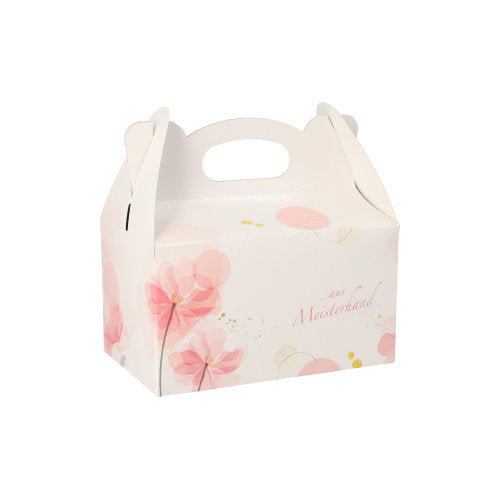 Die PAPSTAR 20 Gebäck-Kartons, eckig aus roséfarbener Pappe mit Tragegriff von PAPSTAR GmbH, sind ideal für stilvolle Geschenkpräsentationen – liebevoll gestaltet mit floralen Mustern und gelben Punkten.