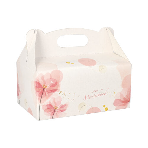 Die PAPSTAR 20 Gebäck-Kartons (Pappe, eckig, rosé) der PAPSTAR GmbH verfügen über einen praktischen Tragegriff und ein rosa Blumendesign mit goldenen Akzenten – ideal für die elegante Präsentation von Geschenken auf hellem Hintergrund.