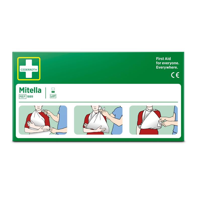 Eine grüne Schachtel mit der Aufschrift "Dreiecksbinde, 2 Stück/Karton" von Orkla Wound Care AB zeigt drei bebilderte Schritte zur Anwendung der Dreiecksbinde als Armschlinge. Ideal für die Erste Hilfe bei Sportverletzungen: "Erste Hilfe für alle. Überall.