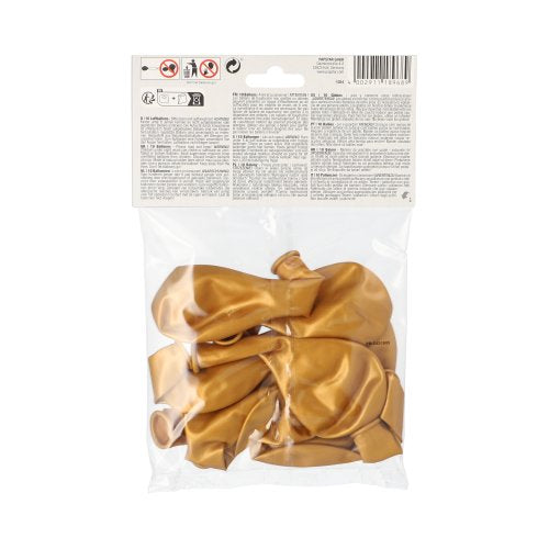 In einem transparenten Plastikbeutel der PAPSTAR GmbH finden 10 unaufgeblasene goldene Latexballons (Ø 25 cm) Platz. Oben befindet sich ein weißes Etikett mit Text und Icons – perfekt für jede Dekoration.