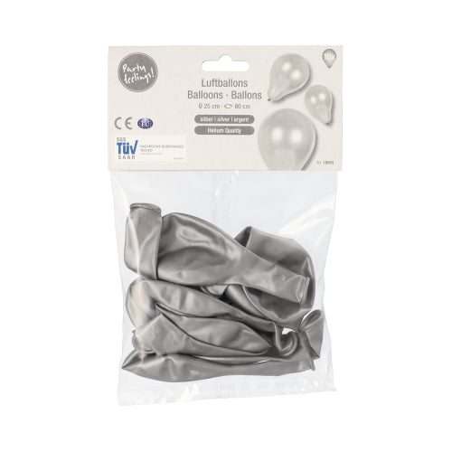Eine Klarsichtverpackung der PAPSTAR GmbH enthält 10 leere silberne Luftballons (Ø 25 cm). Das Etikett zeigt „PAPSTAR 10 Luftballons“, Abbildungen silberner Ballons und weist auf die hochwertige Latexqualität hin – ideal für jede Dekoration.