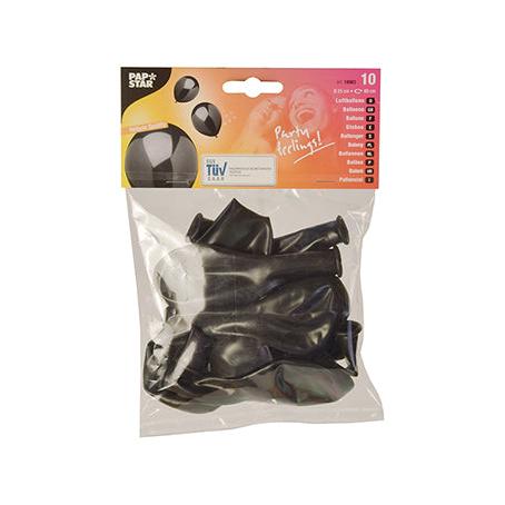 Eine transparente Kunststoffverpackung mit 10 schwarzen PAPSTAR-Latexballons (25 cm) der PAPSTAR GmbH, mit buntem „Partyfeeling!“-Etikett – ideal zur Dekoration jeder Feier.