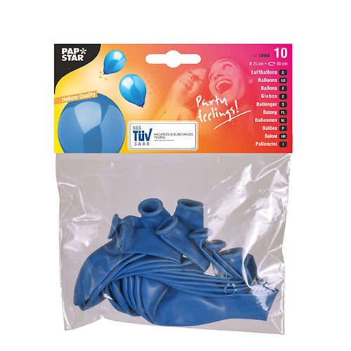 Eine transparente Kunststoffverpackung enthält 10 unaufgeblasene blaue PAPSTAR-Luftballons mit einem Durchmesser von 25 cm. Das Etikett der PAPSTAR GmbH zeigt aufgeblasene Ballonmotive und ein Foto von zwei lächelnden Menschen und eignet sich somit ideal zur Dekoration.