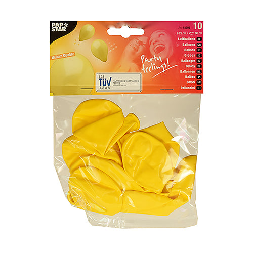 In einer transparenten Kunststoffverpackung befinden sich zehn unaufgeblasene gelbe PAPSTAR 10 Luftballons Ø 25 cm der PAPSTAR GmbH aus hochwertigem Latex. Die Aufschrift „Party Feeling!“ in Rot und Weiß eignet sich perfekt zur Dekoration.