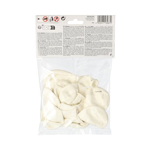 Ein durchsichtiger Plastikbeutel der PAPSTAR GmbH enthält 10 unaufgeblasene weiße Latex-Luftballons (Ø 25 cm) mit einem weißen Etikett auf der Oberseite, auf dem Text, Alters- und Sicherheitshinweise zu sehen sind – ideal zur Dekoration.