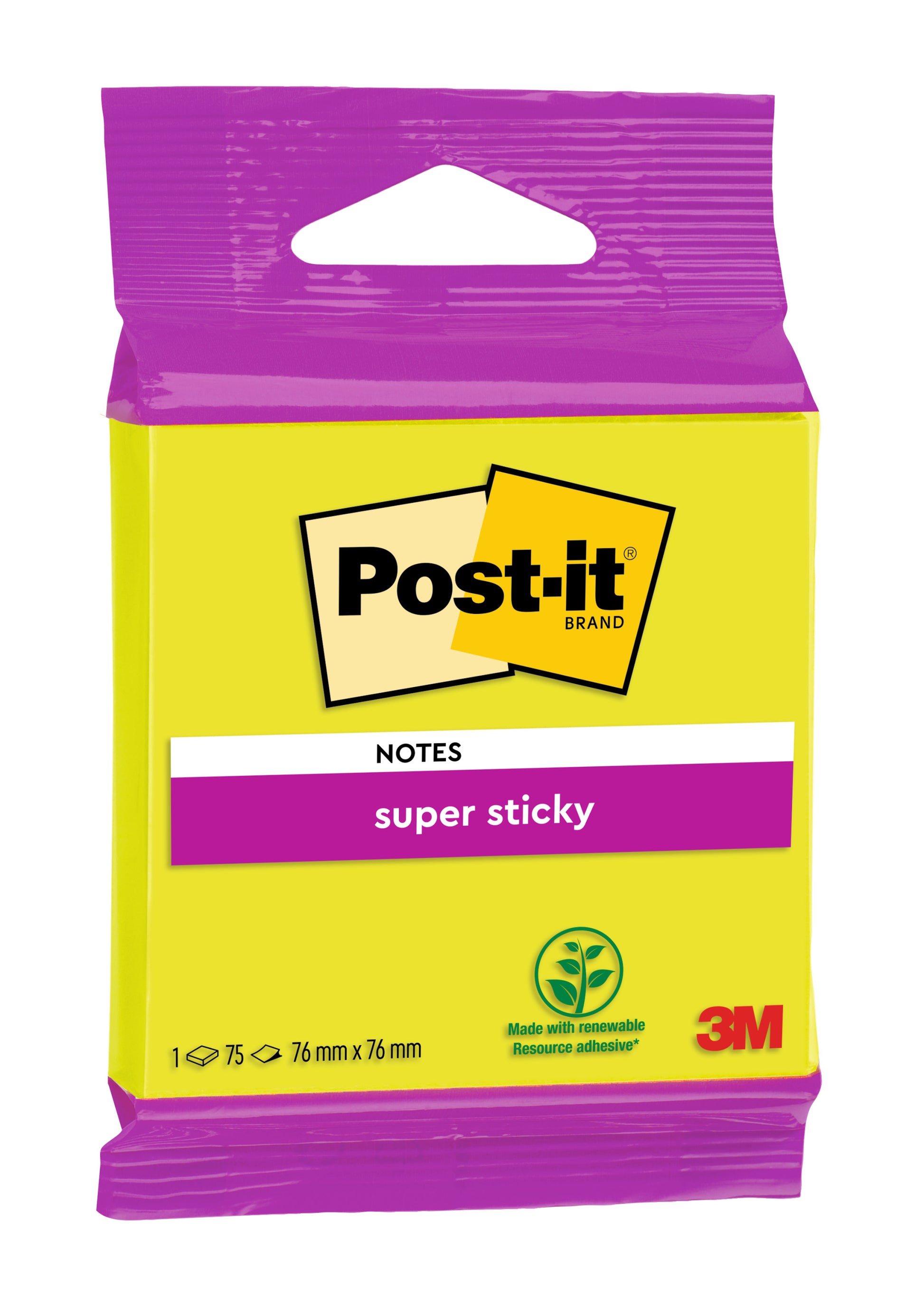 Eine Packung Post-it® Super Sticky Notes 6820S3 (76 x 76 mm) von 3M, in neongrün, neonpink, ultragelb, ultragrün und ultrapink. Jeder Block hat 75 Blatt aus PEFC-zertifiziertem Papier. Die Packung enthält 1 Block.