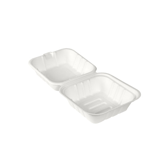 Eine weiße, rechteckige BioPak Menübox 475 ml aus Bagasse von Duni GmbH (162x152x80 mm, Packung mit 50 Stück) ist geöffnet und leer vor weißem Hintergrund zu sehen.