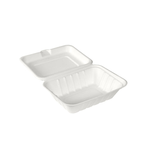 Die BioPak Menübox 530 ml aus weißer Bagasse von Duni GmbH (185x143x62 mm, 50 Stück) ist eine umweltfreundliche Verpackung mit Scharnierdeckel und gerillten Seiten - ideal für nachhaltigen Genuss.