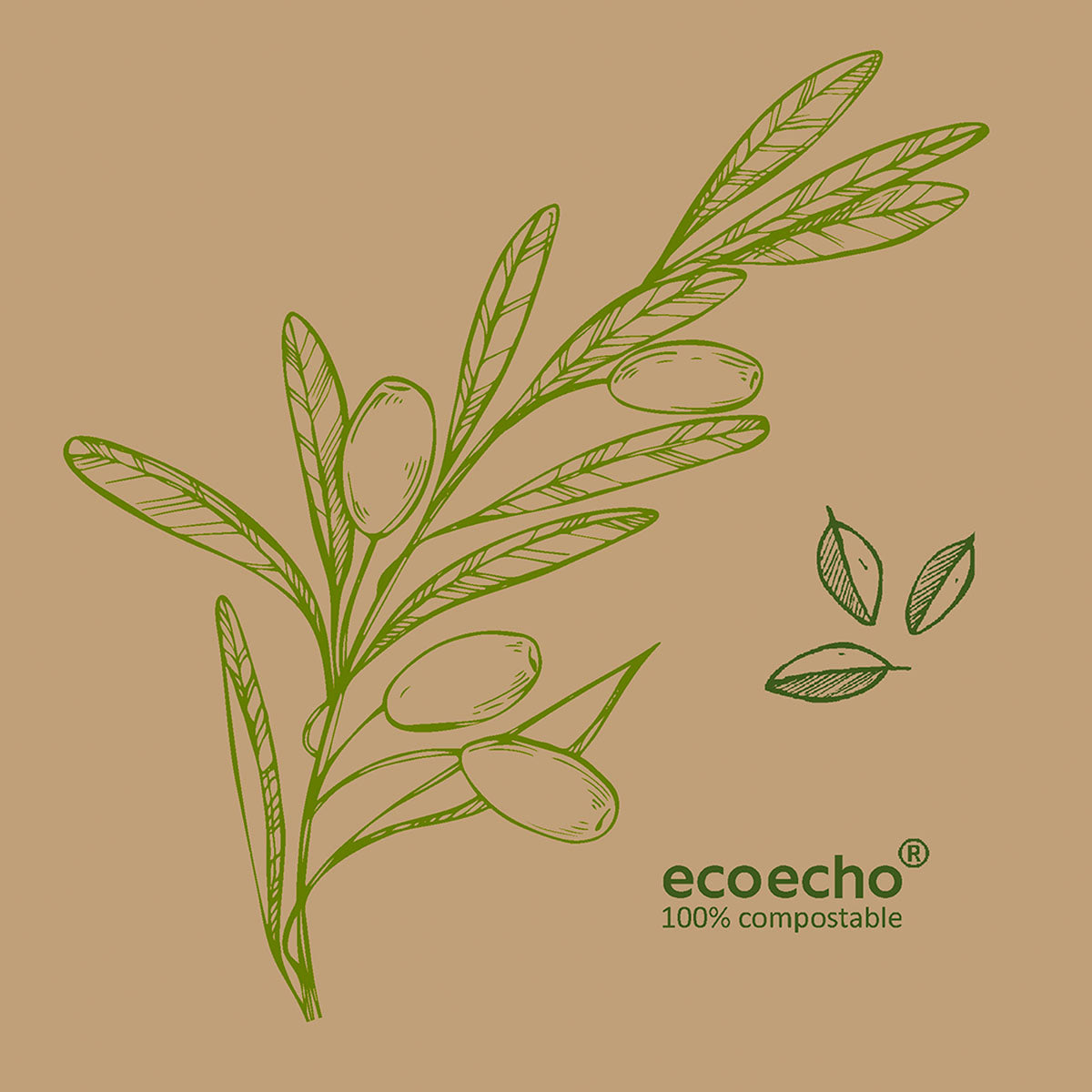 Grüner Linien-Olivenzweig mit Blättern und Oliven auf beigem Hintergrund. Zwei kleine Olivenblatt-Symbole plus "ecoecho 100% kompostierbar" in der Ecke - ideal für Dunisoft-Servietten 20 x 20 cm von Duni GmbH.