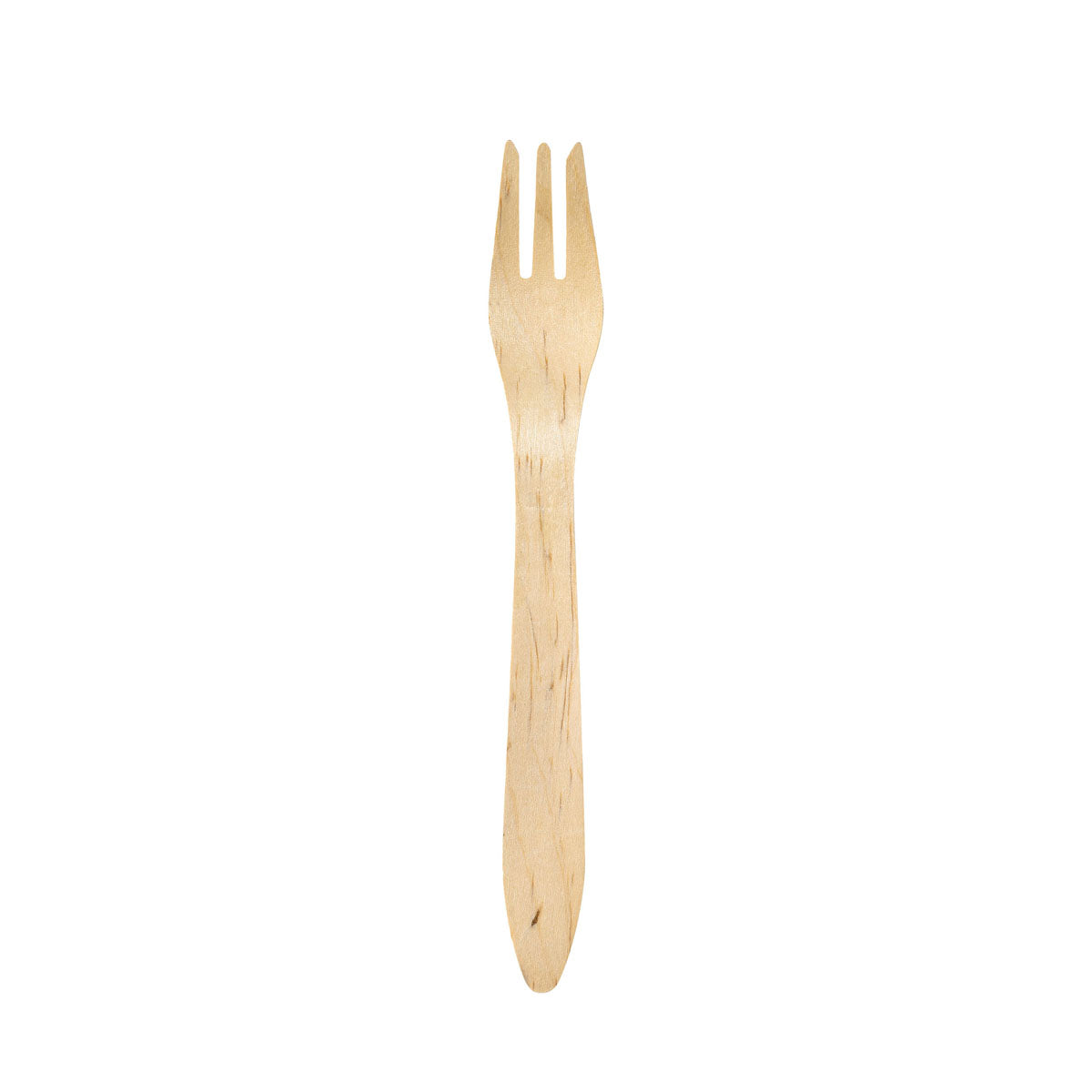 Eine einzelne Duni GmbH Gabel 190 mm, Holz gewachst, steht aufrecht vor weißem Hintergrund - ein minimalistisches Beispiel für nachhaltiges Einwegbesteck (Packung: 100 Stück).