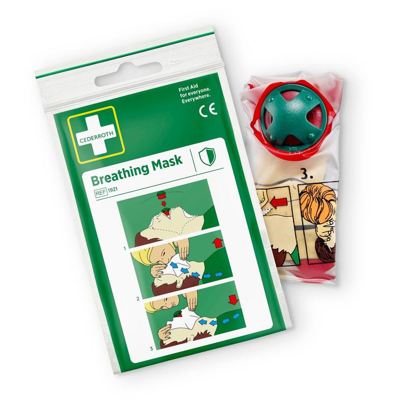 Die Cederroth Atemmaske | Packung (1 Stück) von Orkla Wound Care AB enthält eine bebilderte Anleitung zur Notfallreanimation. Die für Schutz vor Staub konzipierte Maske mit grünem Ventil ist neben der Verpackung teilweise sichtbar.