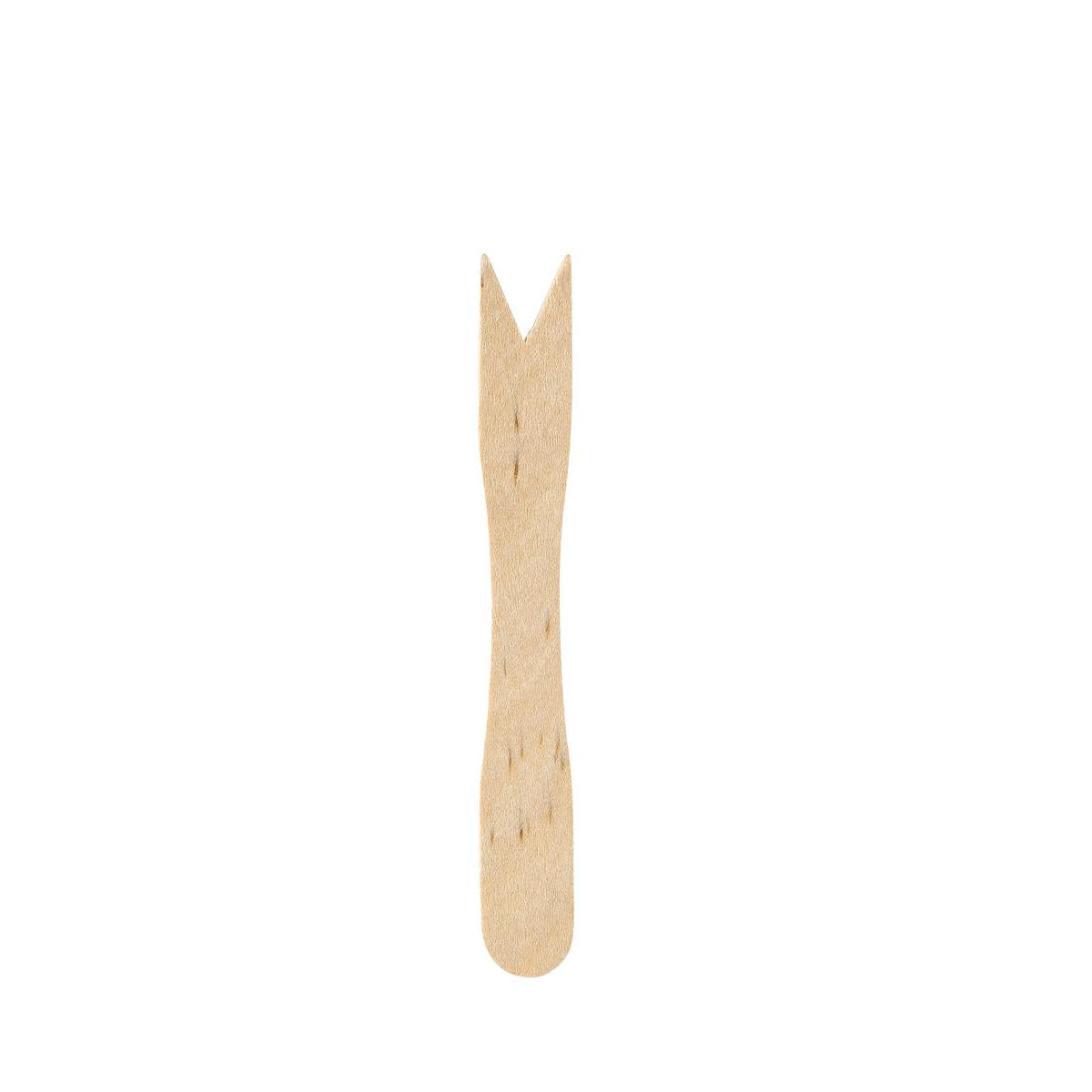 Die Pommesgabel 85 mm von Duni GmbH ist eine kleine, flache, ungewachste Holz-Fingerfood-Gabel mit V-förmiger Kerbe und abgerundetem Griff, umweltfreundlich und isoliert auf weiß. Packung: 1000 Stück.