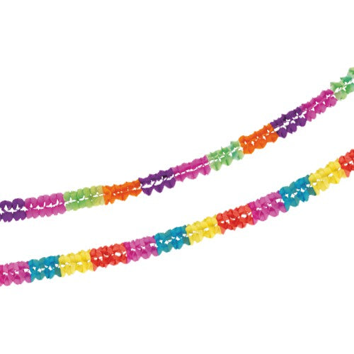 Die PAPSTAR 2 Girlanden, Papier der PAPSTAR GmbH verfügen über farbenfrohe blaue, grüne, gelbe, orange, rote und violette Segmente für eine lebendige, festliche Dekoration.