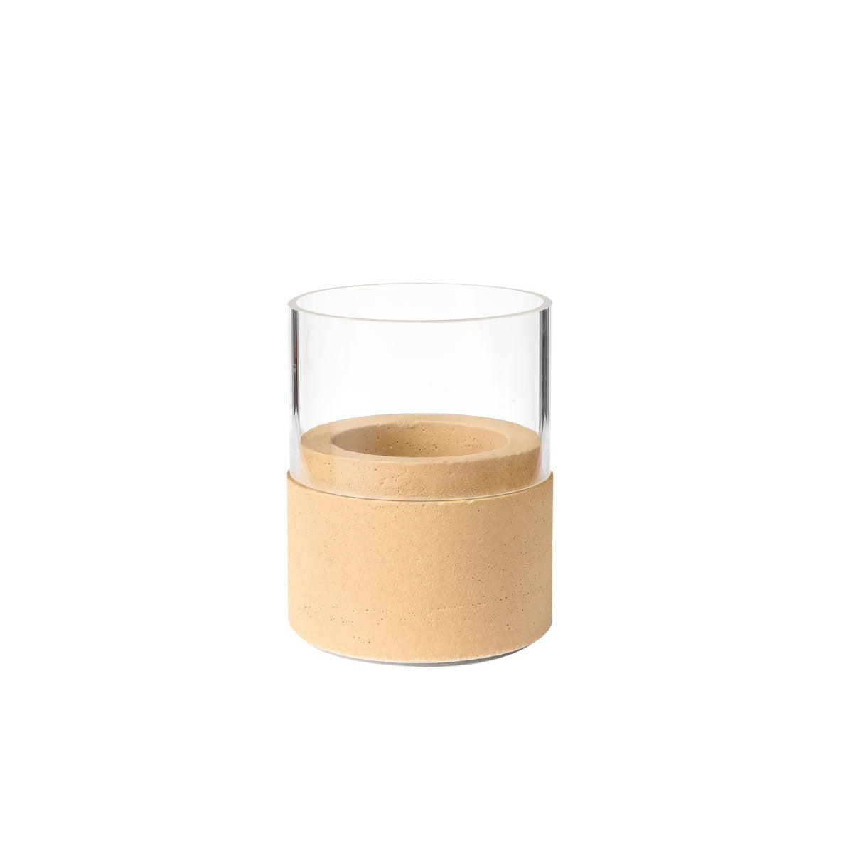 Der Kerzenhalter Glas Neat 70 x 61 mm von Duni GmbH ist ein klarer Glaszylinder auf einem beige-matten Sockel, der moderne Schlichtheit mit eleganter Funktion verbindet - ein stilvolles Wohnaccessoire für jeden Raum.