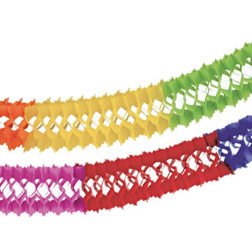 Zwei PAPSTAR Girlanden "Intensive" (Papier, Ø16 cm, 4 m, schwer entflammbar) der PAPSTAR GmbH sind diagonal auf weiß abgebildet: eine in grün/gelb, die andere in rosa/rot/lila. Beide haben ein Wabenmuster und werden im 1-teiligen Beutel geliefert.