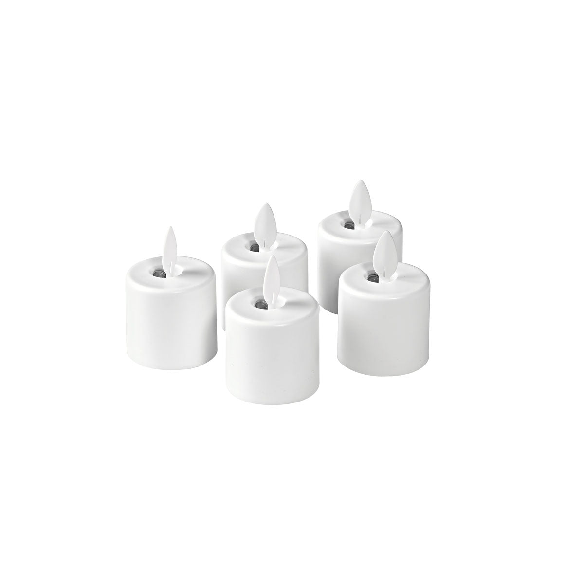 Ein Set von fünf Duni GmbH 38 x 36 mm Ersatzlampen LED Moving Flame Kerzen in warmem Weiß ist zusammen auf einem schlichten weißen Hintergrund angeordnet. Jede flammenlose Kerze verfügt über einen authentischen LED Moving Flame Effekt.