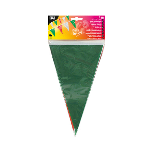 Die PAPSTAR Wimpelkette, Folie wetterfest der PAPSTAR GmbH ist eine 4 m lange, grüne dreieckige Wimpelkette aus Kunststoff, ideal für Outdoor-Events und Gartenpartys. Die Lieferung erfolgt in einer transparenten Verpackung mit einem bunten Etikett mit Wimpelmustern und Partygrafiken.