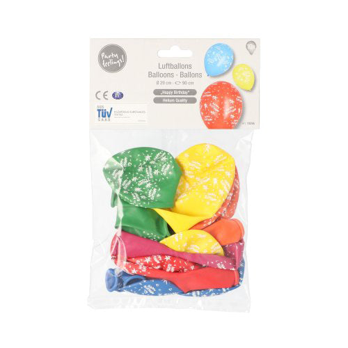 Ein transparenter Plastikbeutel der PAPSTAR GmbH mit 10 farbig sortierten „Happy Birthday“-Luftballons (Ø 29 cm), mehrsprachig beschriftet – perfekt für Geburtstagsfeiern und Feste.