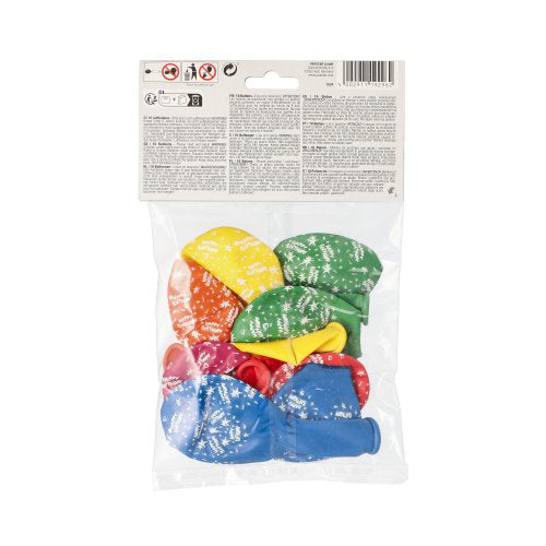Die PAPSTAR GmbH bietet in der transparenten Kunststoffpackung 10 verschiedene „Happy Birthday“-Luftballons (Ø 29 cm) in den Farben Gelb, Grün, Rot, Blau und Orange an. Auf der Rückseite befinden sich Warnhinweise und Produktinformationen – ideal für Geburtstagsfeiern.