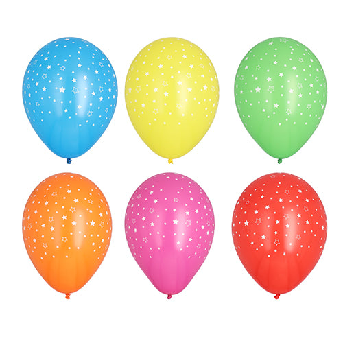 Die PAPSTAR 15 Luftballons Ø 29 cm „Stars“ im farbig sortierten Beutel sind mit weißen Sternen verziert – ein fröhliches Party-Accessoire von PAPSTAR GmbH für jeden Anlass.