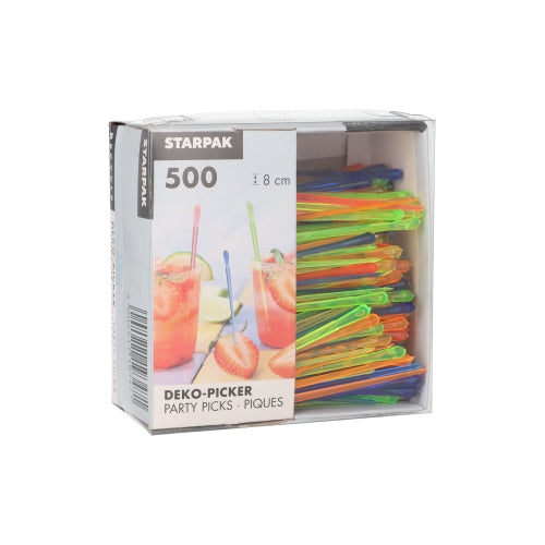 Eine Box mit 500 PAPSTAR Deko-Pickern „Drop“, 8cm lang, farbig sortiert, ideal für Fingerfood. Verpackt im Papptray mit Sichtfenster und Fotos von Drinks mit Fruchtdeko auf der Vorderseite. Von PAPSTAR GmbH.