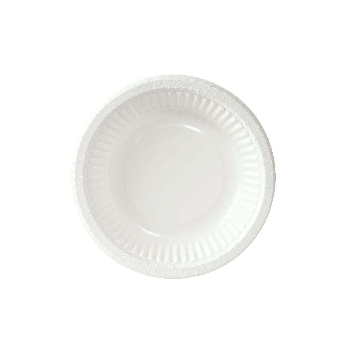 Ein schlichter weißer Duni GmbH Suppenteller ø 18 cm (300 ml, Pappe, Packung 50 Stück) ist von oben auf weißem Hintergrund abgebildet. Der umweltfreundliche Pappteller zeichnet sich durch eine schlichte, geriffelte Randgestaltung aus.