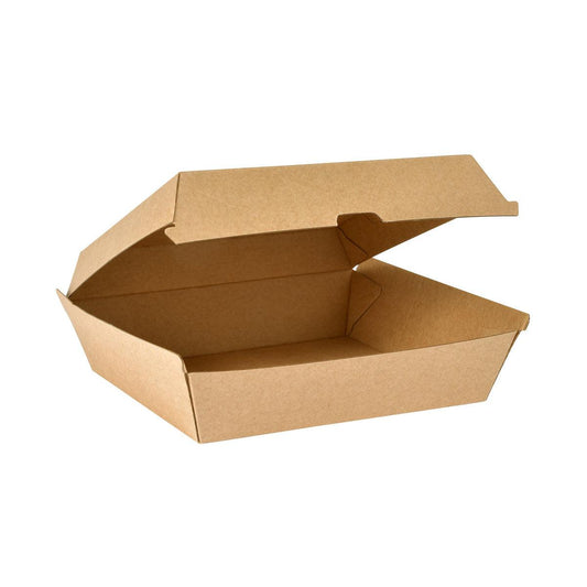 Eine BioPak Clam Box Dinner Braun Karton FSC 178x160x75 von Duni GmbH ist offen mit angehobenem Deckel auf weißem Hintergrund zu sehen. Die leere FSC-zertifizierte Box betont ihre Funktion als nachhaltige Verpackung.