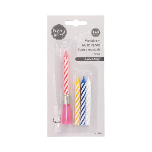 Die PAPSTAR Musikkerze 12 cm, farblich sortiert mit „Happy Birthday“ in verschiedenen Sprachen, wird inklusive 3 Ersatzkerzen geliefert – ideal für jede Geburtstagsfeier!.